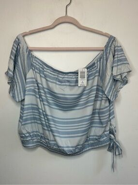 Torrid Striped Challis Crop Top Womens 2X Blue White Off Shoulder Short Sleeve